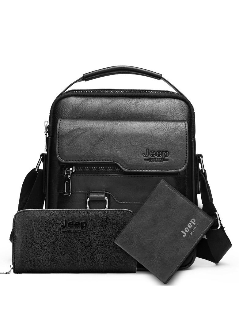 جيب ثلاثة قطعة من جلد بو حقيبة يد حقيبة جلدية رسول أزياء مطابقة ، قصيرة مزدوجة مطوية محفظة جلدية ، أسود - Image 1