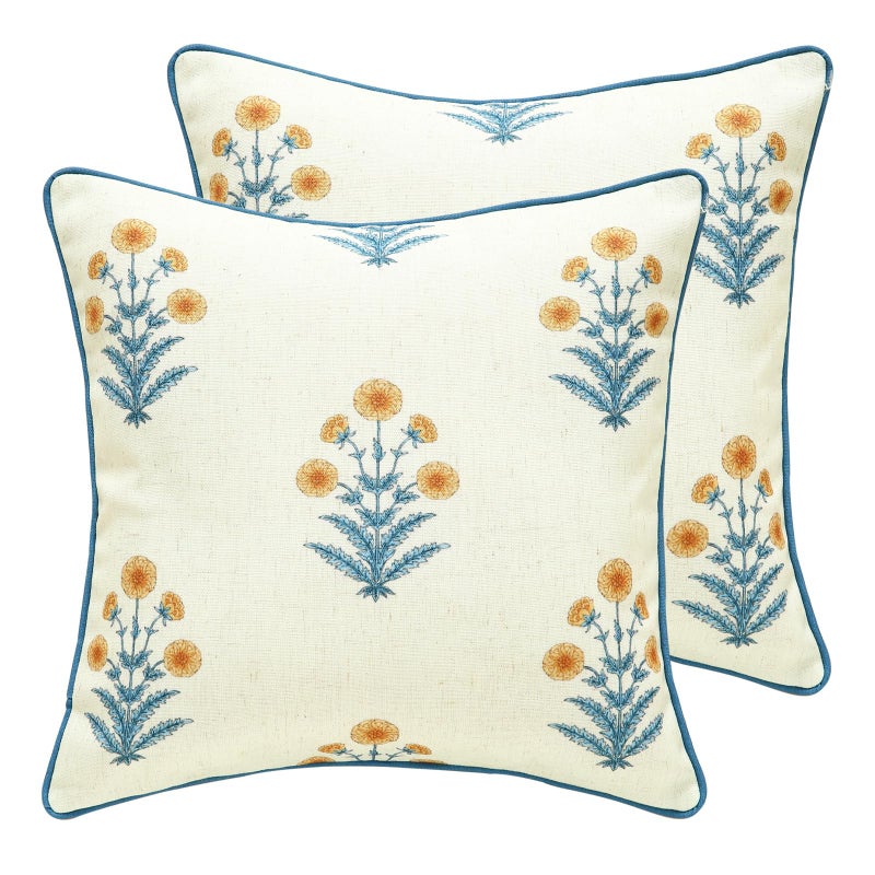 ISAENNE Design Square Simple Elegant Linen Throw Pillow Covers 18"x18" Pack of 2, Blue Yellow Floral Pattern Cushion Covers Decor Pillowcases for Bed,Living Room,Outdoor,Car - Image 1