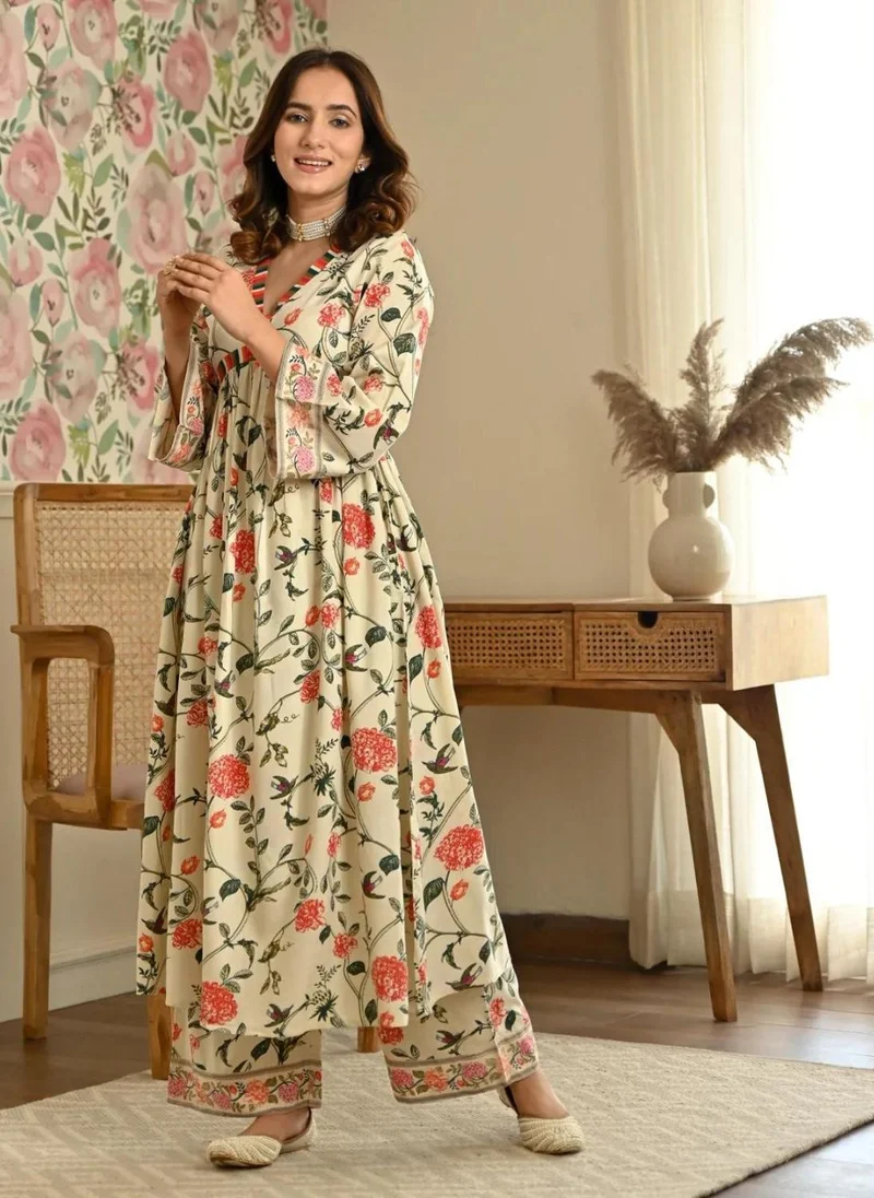 ZERESOUQ Cream Front Gathered Kurta & Pant Suit Set