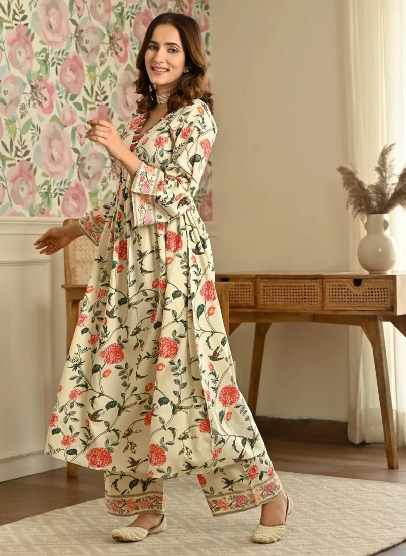 ZERESOUQ Cream Front Gathered Kurta & Pant Suit Set