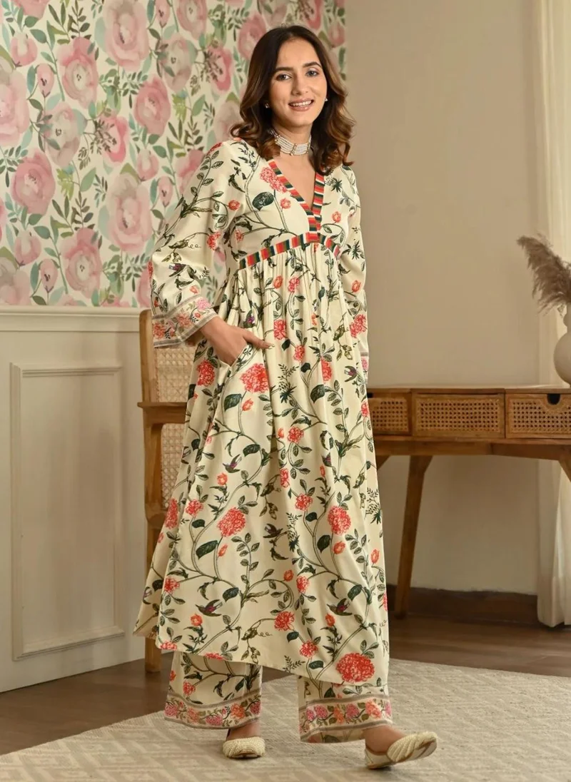 ZERESOUQ Cream Front Gathered Kurta & Pant Suit Set
