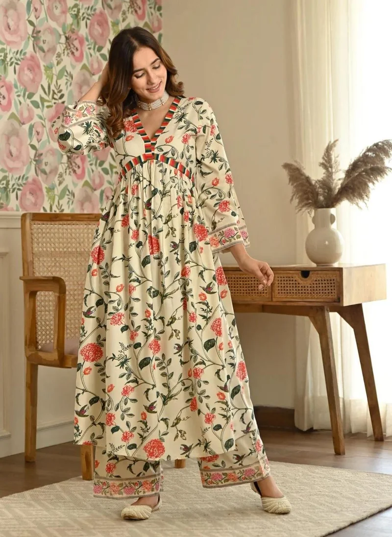 ZERESOUQ Cream Front Gathered Kurta & Pant Suit Set