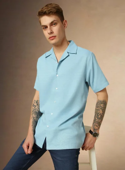 دينيس لينغو Men's Blue 100% Polyester Solid Button Down Relaxed Shirt