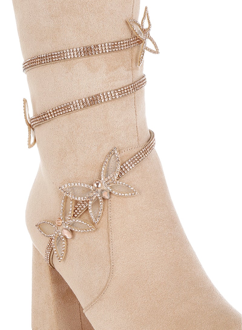 London Rag Rhinestone Brooch Wrap-Around Boots in Beige  - Image 5