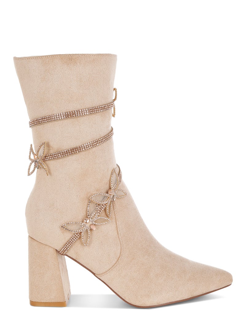 London Rag Rhinestone Brooch Wrap-Around Boots in Beige  - Image 1