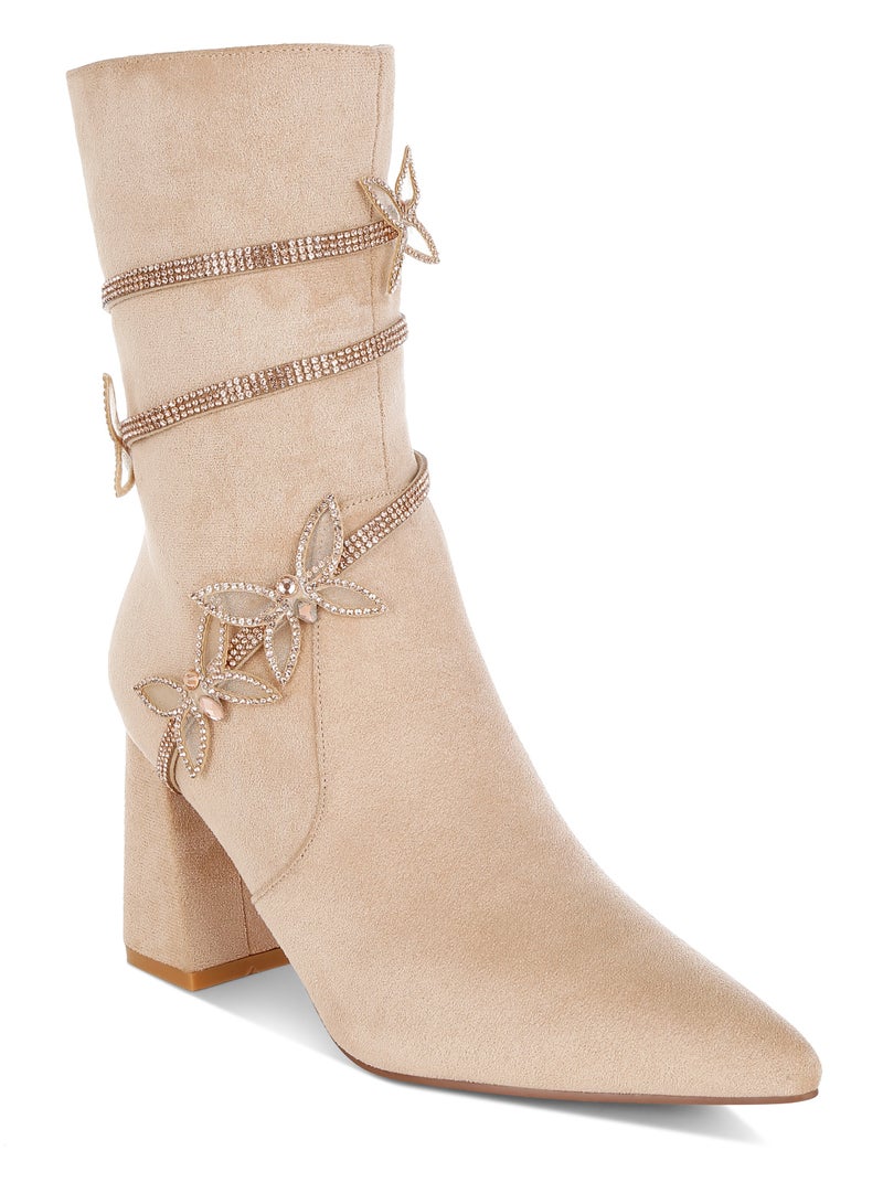 London Rag Rhinestone Brooch Wrap-Around Boots in Beige  - Image 2