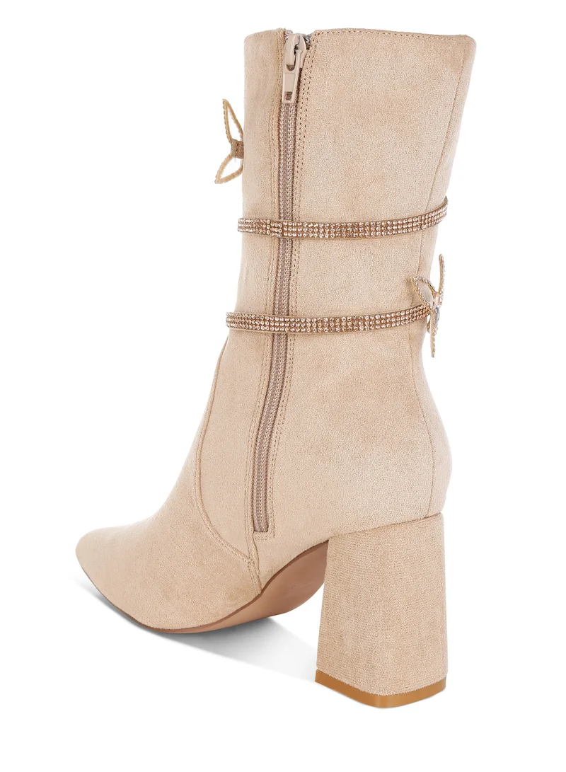 London Rag Rhinestone Brooch Wrap-Around Boots in Beige