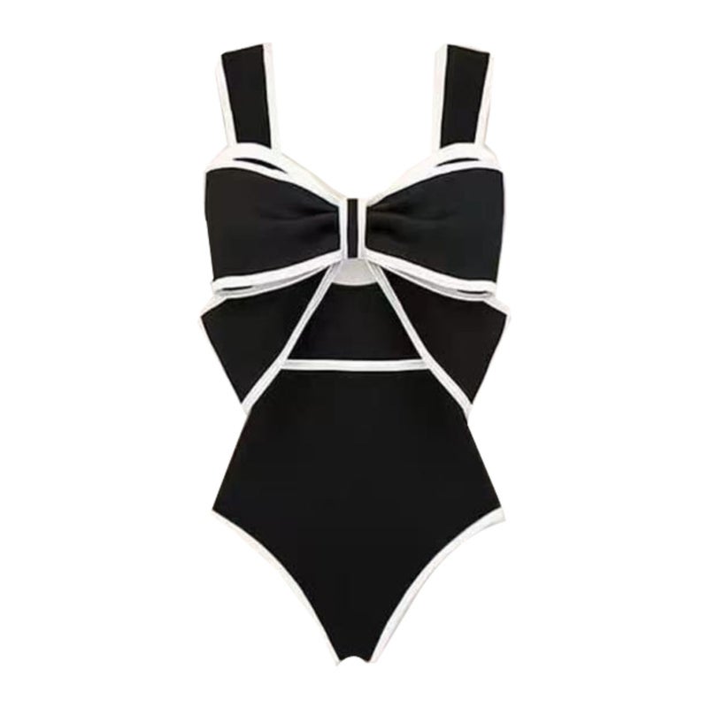Women's Black & White Polka Dot Bow Swimsuit Skirt Set - Image 1