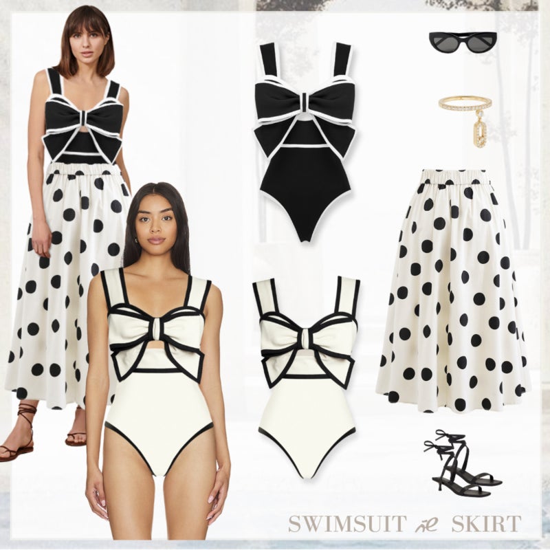 Women's Black & White Polka Dot Bow Swimsuit Skirt Set - Image 3