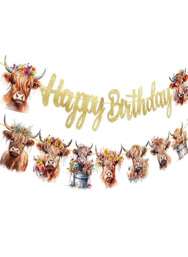 umoni Happy Birthday Banner - Highland Cow Print Party Decorations for Farm, Baby Shower, Gold Glitter - Image 2