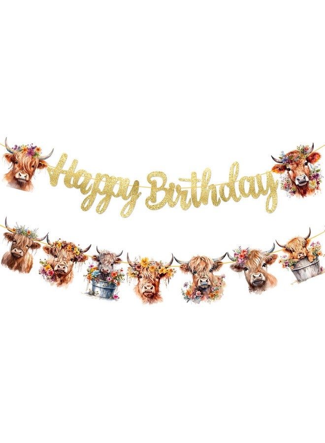 umoni Happy Birthday Banner - Highland Cow Print Party Decorations for Farm, Baby Shower, Gold Glitter - Image 1