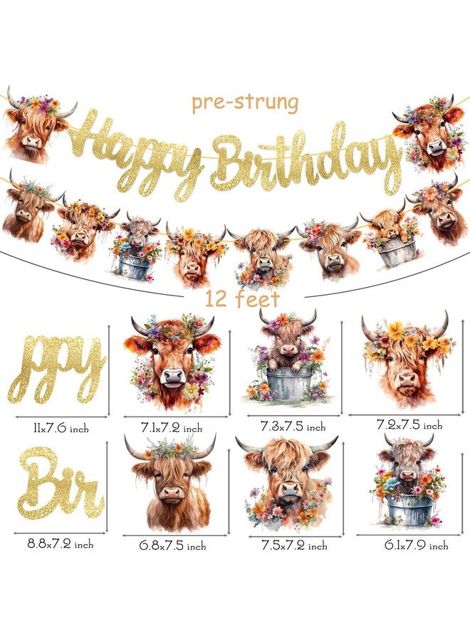umoni Happy Birthday Banner - Highland Cow Print Party Decorations for Farm, Baby Shower, Gold Glitter - Image 3