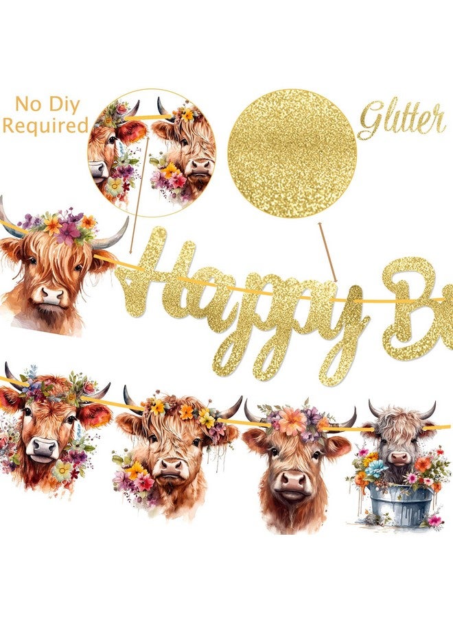 umoni Happy Birthday Banner - Highland Cow Print Party Decorations for Farm, Baby Shower, Gold Glitter - Image 5