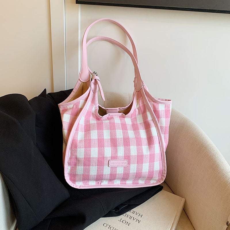 Small Fresh Contrasting Plaid Tote Bag For Women 2025 Style Fashionable Shoulder Bag Student Class Bag