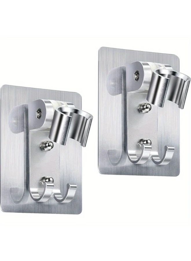 Strong Adhesive Shower Head Holder Adjustable Wall Mount With 2 Hooks No Drilling Required Silvery 2pcs - Image 2