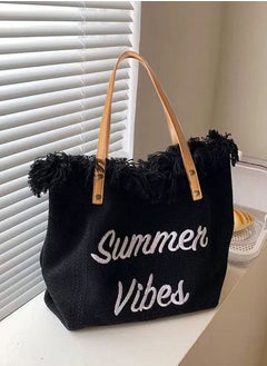 SamoDani Summer Vibes Cotton Tote Bag Shoulder bag for Women, Travel Beach Tassel Gift, Large Capacity  - Image 5