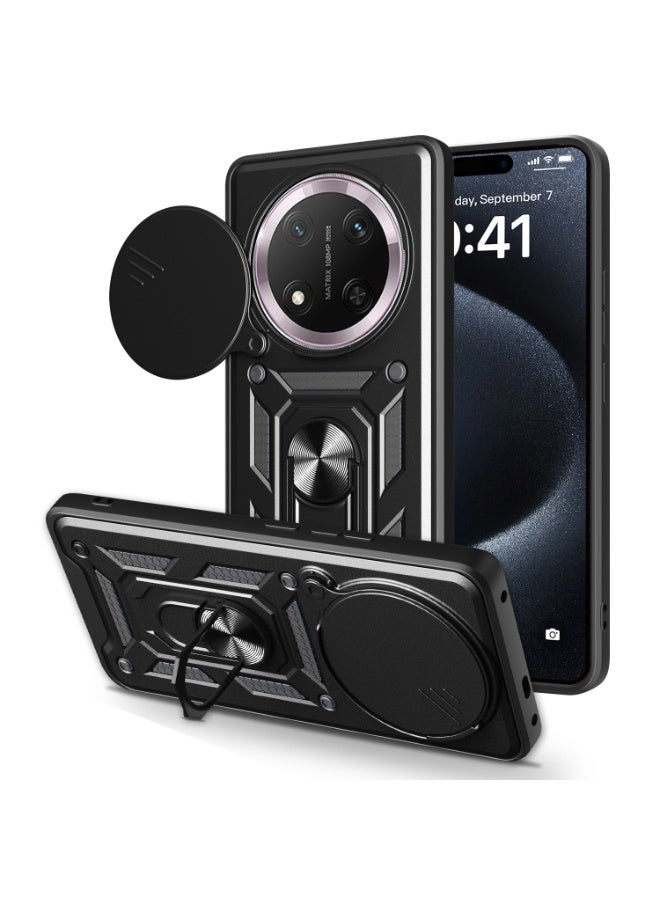 Shunjia Sliding Window Case, Shockproof Rugged Armor with Sliding Camera Cover & 360° Ring Kickstand, Compatible with Honor X9c (Black)