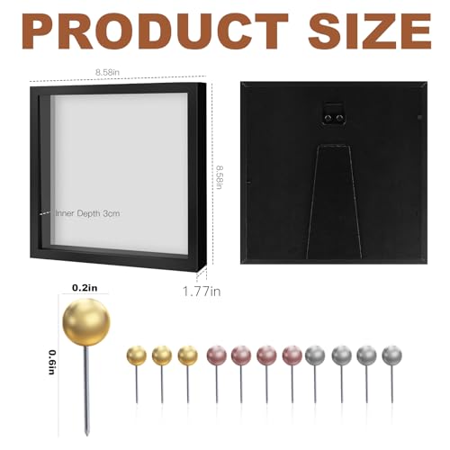 Ninsula 8x8 Shadow Box, Shadow Box Frame with Soft Linen Back - Push 12PCS Pins Included, 3D Picture Display Cases Box for Flowers, Tickets, Souvenirs, Photographs, Handicrafts (Black) - Image 2