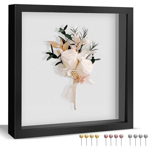 Ninsula 8x8 Shadow Box, Shadow Box Frame with Soft Linen Back - Push 12PCS Pins Included, 3D Picture Display Cases Box for Flowers, Tickets, Souvenirs, Photographs, Handicrafts (Black) - Image 1
