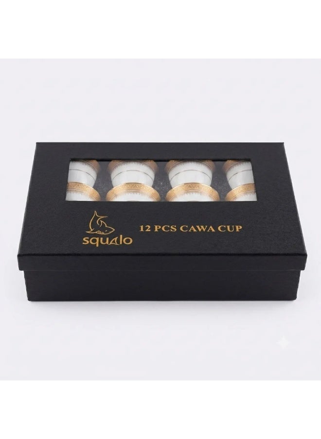 Squalo 12-piece luxury porcelain Arabic coffee cup set – white with gold rim and pattern – with a luxurious gift box – suitable for hospitality and gatherings - Image 5