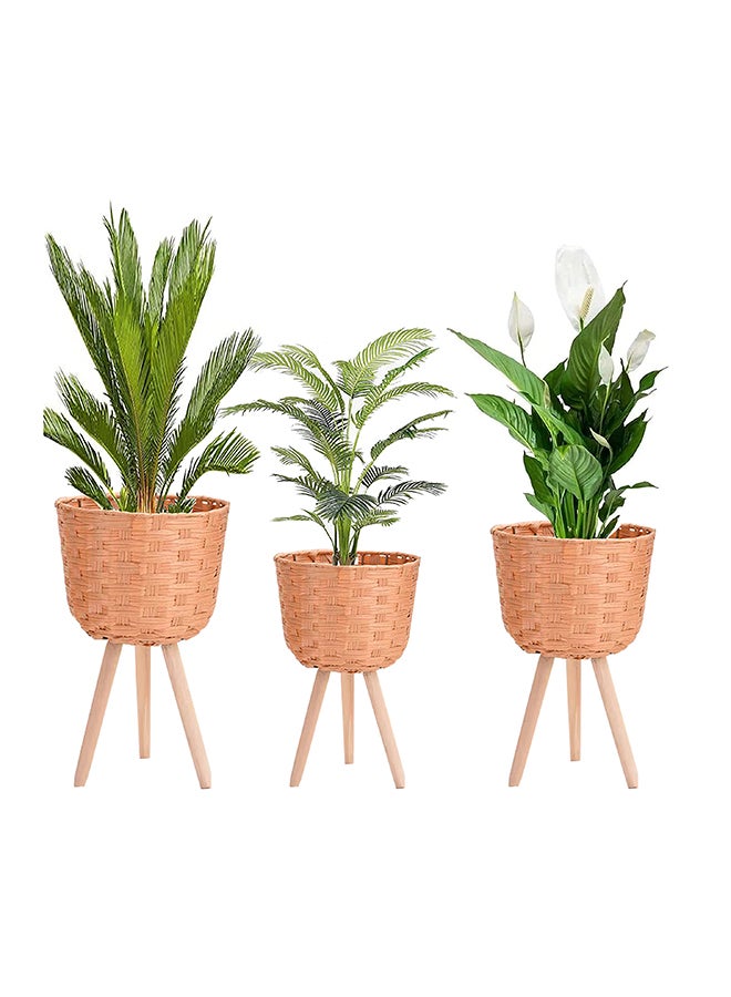 HOME TASTE Hometaste Set Of 3 Rattan Plant Pot Stand Woven Flower Pots Cover,Planter Pot Container Wooden Flower Pot Holder,Flower Basket Rattan Plant Display Rack For Indoor Outdoor 