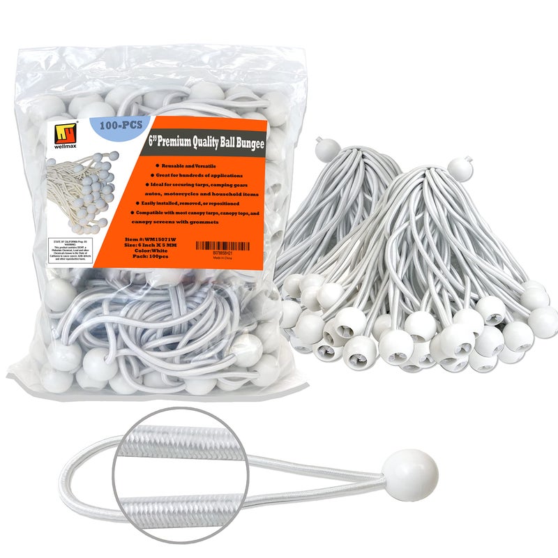 6 inch 100 Piece Heavy Duty 5mm Ball Bungee Canopy Cord by Wellmax White Color