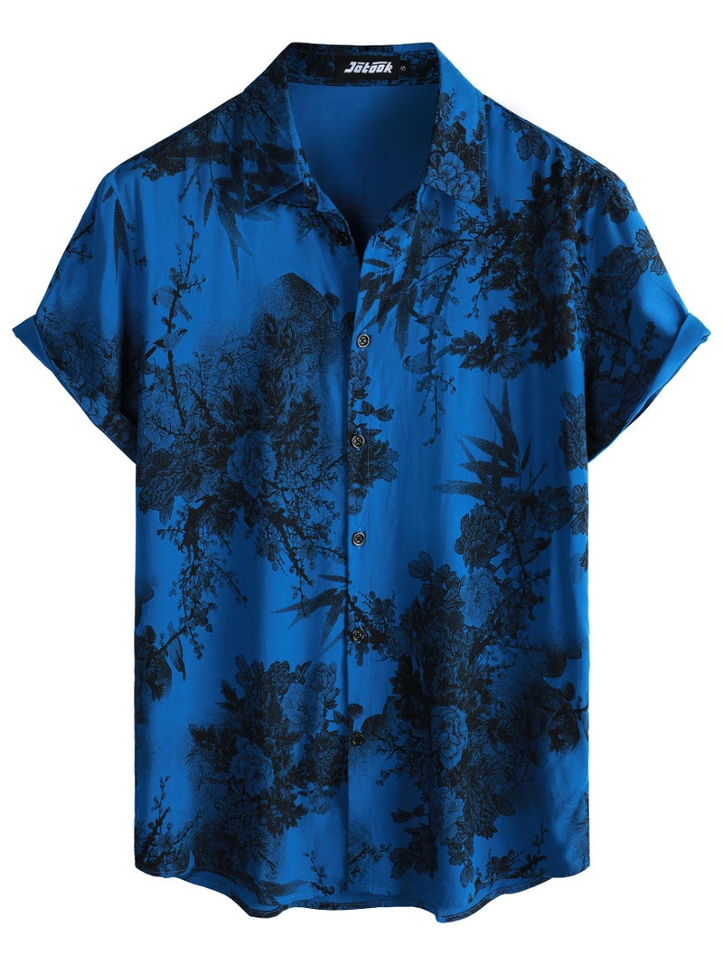 JOTOOK Mens Hawaiian Shirt Short Sleeve Button Down Tropical Shirts Casual Floral Summer Beach Shirt Large Blue - Image 1