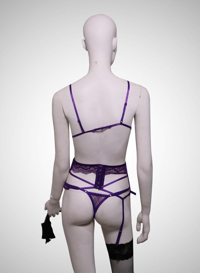 ovitio Purple Sheer Lace-Trimmed Lingerie Set - Four Pieces - Image 2