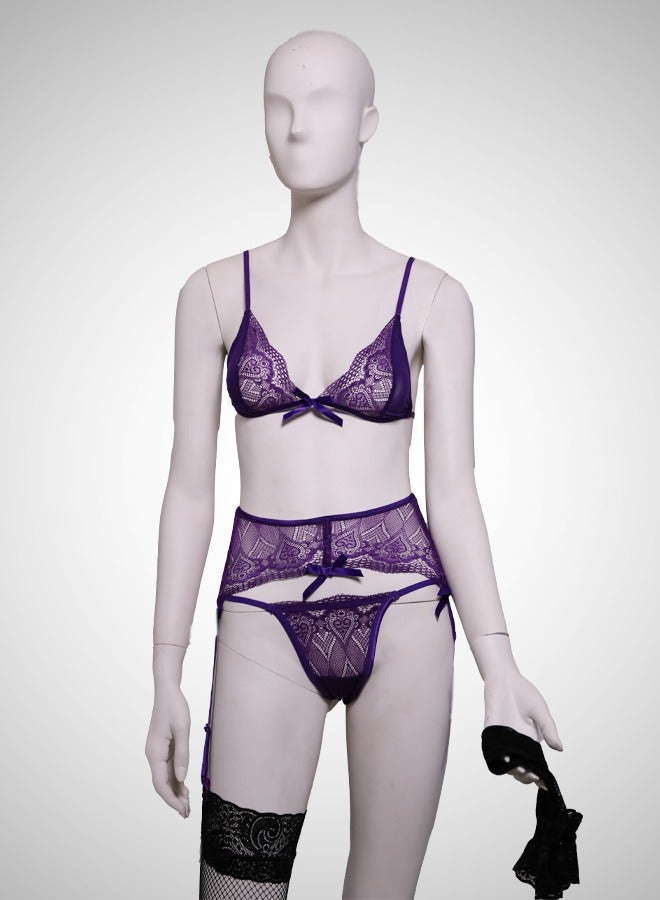 ovitio Purple Sheer Lace-Trimmed Lingerie Set - Four Pieces - Image 1