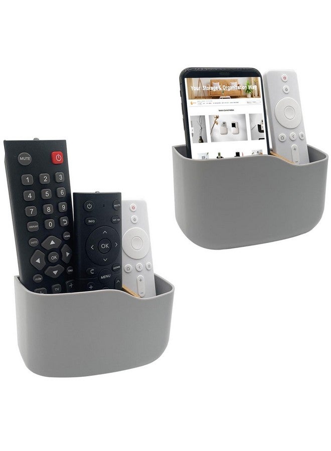 SUNFICON 2 Pack Adhesive Remote Control Holder Gray Wall Mount Media Player Controller Holder Universal Tv Remote Organizer Caddy Box Tray Hollow Bottom Easy Phone Charging Home Office Desk Nightstand - Image 1
