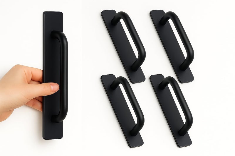 DHVSAM Adhesive Cabinet Handles, Self-Stick Instant Cabinet Handles Alloy No Drilling Push Pull Handles Helper for Kitchen Cabinet Drawer Window Sliding Closet (Black, 4 Pcs) - Image 1