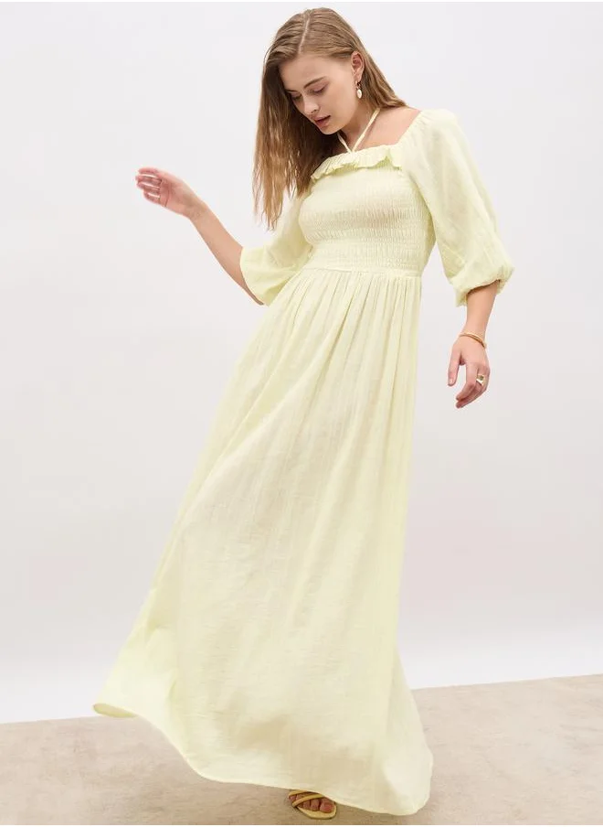 Styli Styli Plain Balloon Sleeves A-Line Maxi Dress with Smocked Detail
