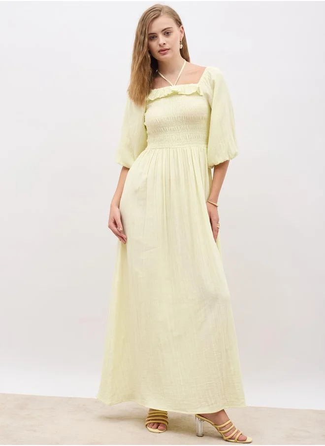 Styli Styli Plain Balloon Sleeves A-Line Maxi Dress with Smocked Detail