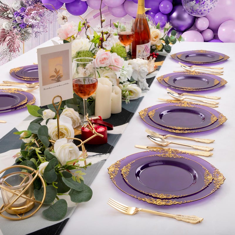 Joyido 102PCS Purple and Gold Plastic Plates - High End Purple Disposable Plate - Vintage Party Dinner & Dessert Plates for 51 Guests Wedding & Party & Birthday - Image 5