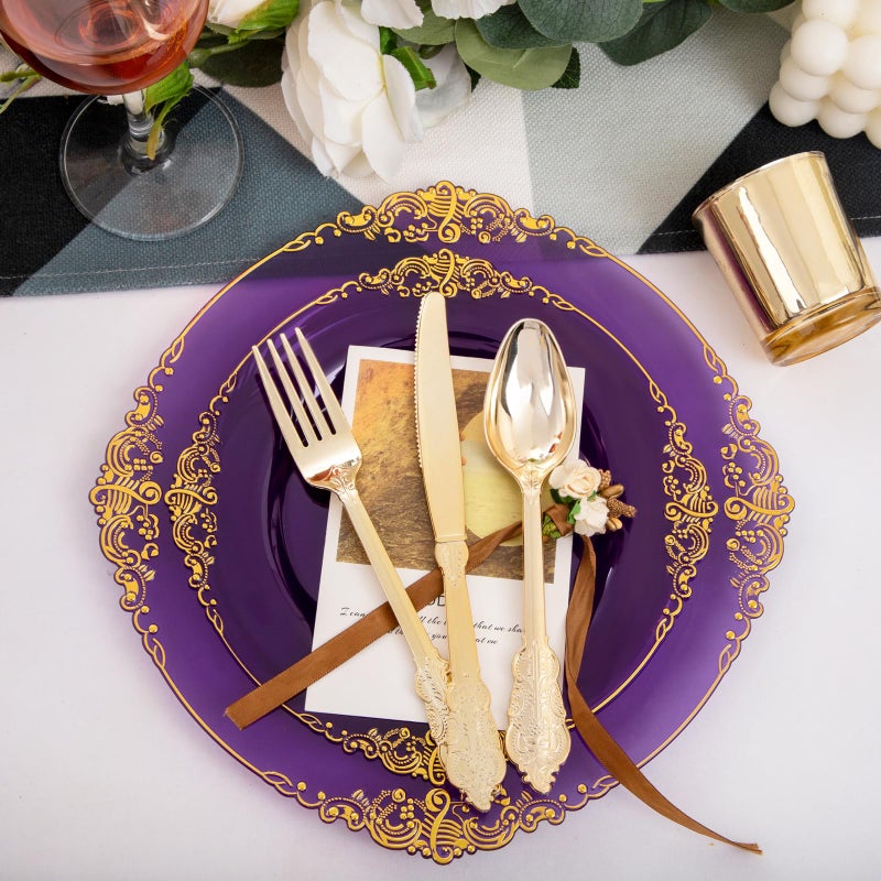 Joyido 102PCS Purple and Gold Plastic Plates - High End Purple Disposable Plate - Vintage Party Dinner & Dessert Plates for 51 Guests Wedding & Party & Birthday - Image 3