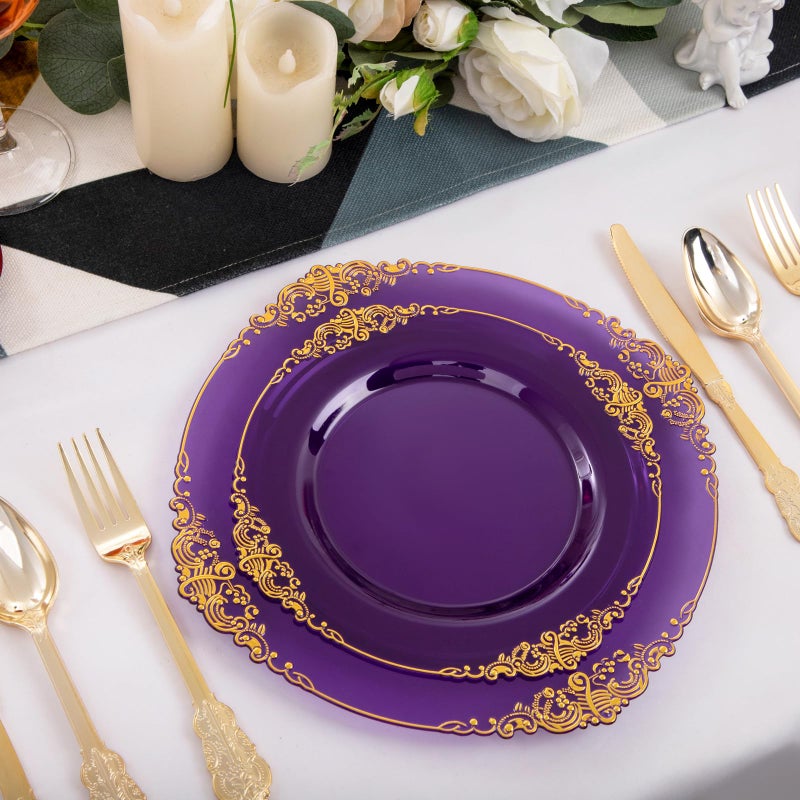 Joyido 102PCS Purple and Gold Plastic Plates - High End Purple Disposable Plate - Vintage Party Dinner & Dessert Plates for 51 Guests Wedding & Party & Birthday - Image 2