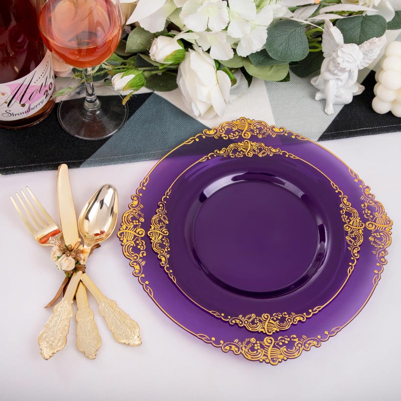 Joyido 102PCS Purple and Gold Plastic Plates - High End Purple Disposable Plate - Vintage Party Dinner & Dessert Plates for 51 Guests Wedding & Party & Birthday - Image 4