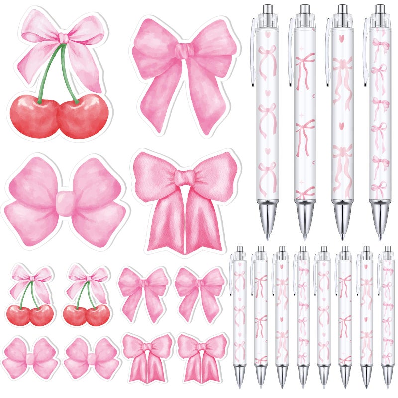 Affrolling 24 Pcs Pink Bow Pens and Cherry Sitcky Notes Set Bow Party Favors Cherry Preppy School Supplies Coquettte Stuff Funny Cute Pens Note Pads for Birthday School Office Gifts - Image 1