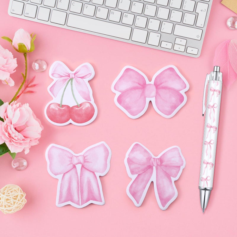 Affrolling 24 Pcs Pink Bow Pens and Cherry Sitcky Notes Set Bow Party Favors Cherry Preppy School Supplies Coquettte Stuff Funny Cute Pens Note Pads for Birthday School Office Gifts - Image 3