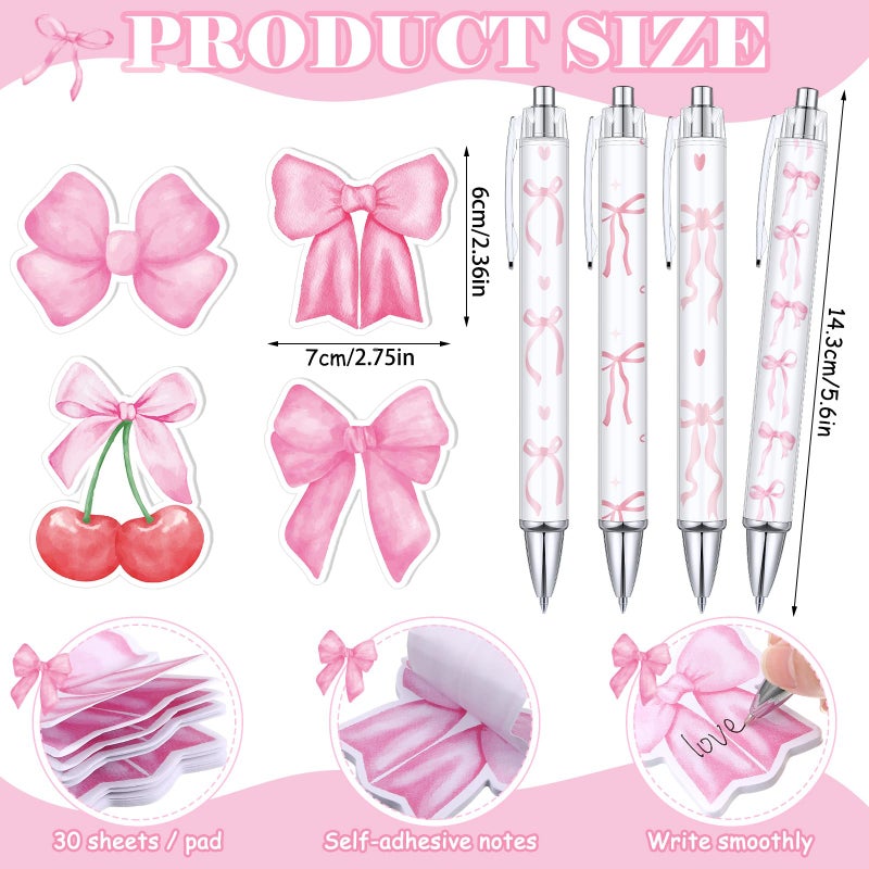 Affrolling 24 Pcs Pink Bow Pens and Cherry Sitcky Notes Set Bow Party Favors Cherry Preppy School Supplies Coquettte Stuff Funny Cute Pens Note Pads for Birthday School Office Gifts - Image 2