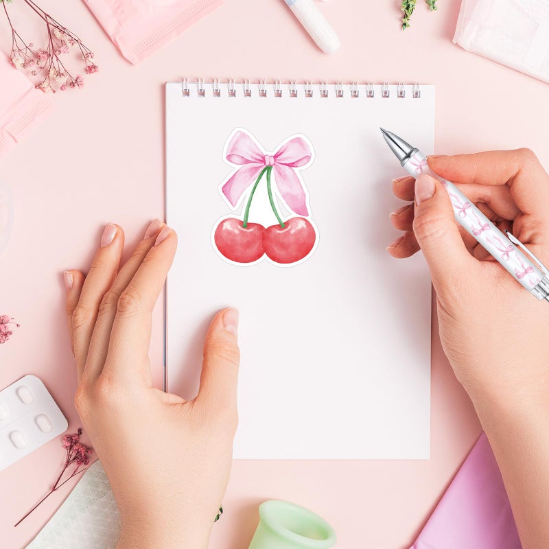 Affrolling 24 Pcs Pink Bow Pens and Cherry Sitcky Notes Set Bow Party Favors Cherry Preppy School Supplies Coquettte Stuff Funny Cute Pens Note Pads for Birthday School Office Gifts - Image 4