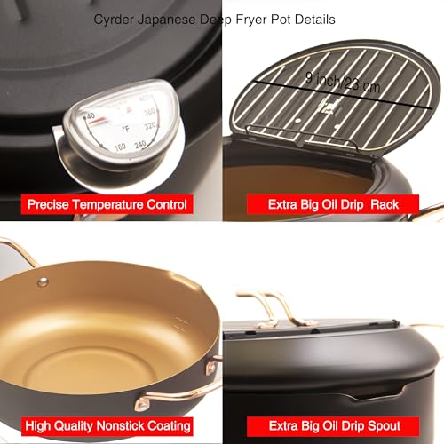 Cyrder Deep Fryer Pot, 4.3L/11 Inch Japanese Tempura Frying Pot with Fahrenheit Thermometer, Nonstick Carbon Steel Oil Fryer, for Tempura/Frech/Fish/Chicken Fries, Easy Clean, Black - Image 4
