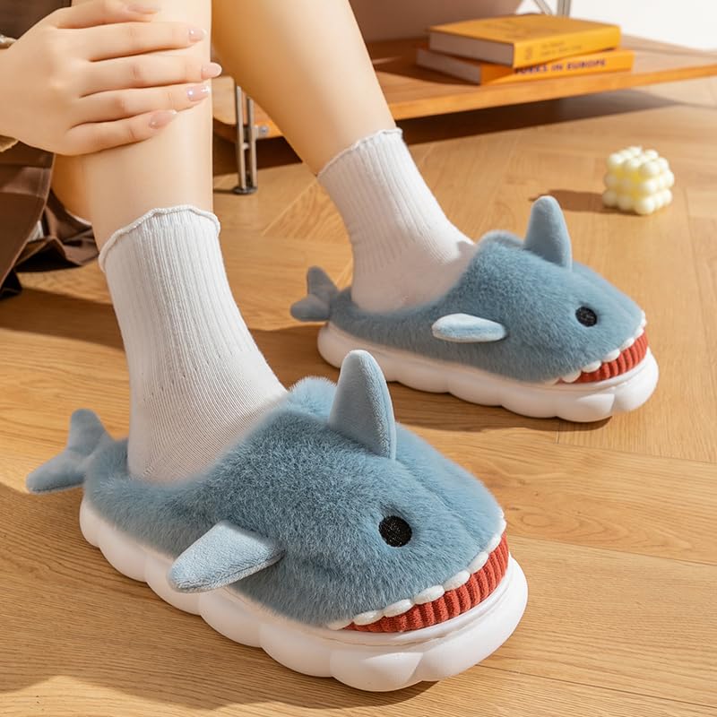 Yoroka Cartoon Fuzzy Slippers Animal Shape Plush Slippers Thick Sole Soft Winter Indoor Slippers for Women Shark-LBL-9 - Image 3