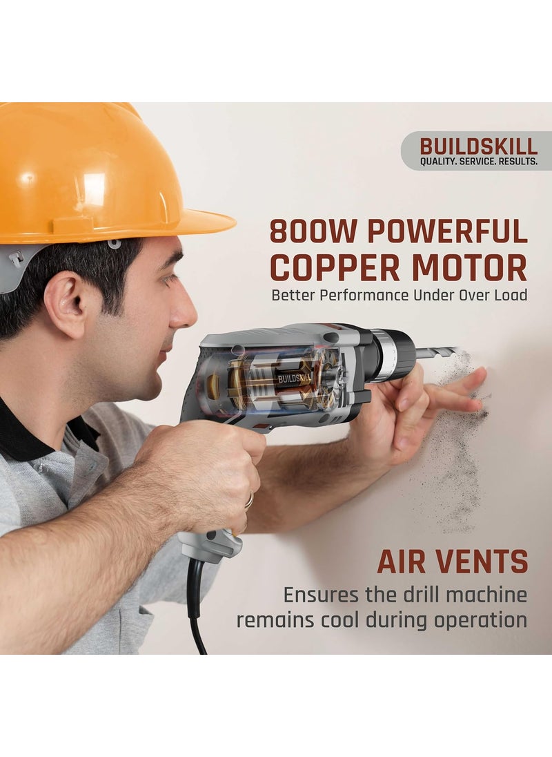 BUILDSKILL BUILDSKILL 800W impact drilling machine for home use 13mm keyless chuck copper motor 3300 RPM variable speed forward reverse drill machine for wall drilling screwdriving impact drilling  - Image 3