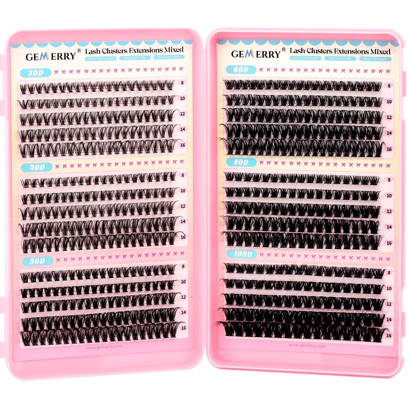 GEMERRY 565Pcs Lash Clusters D Curl Volume Eyelashes Clusters Extensions with Thin Band for DIY at home (30D+40D+50D+60D+80D+100D, 8-16mm) - Image 1
