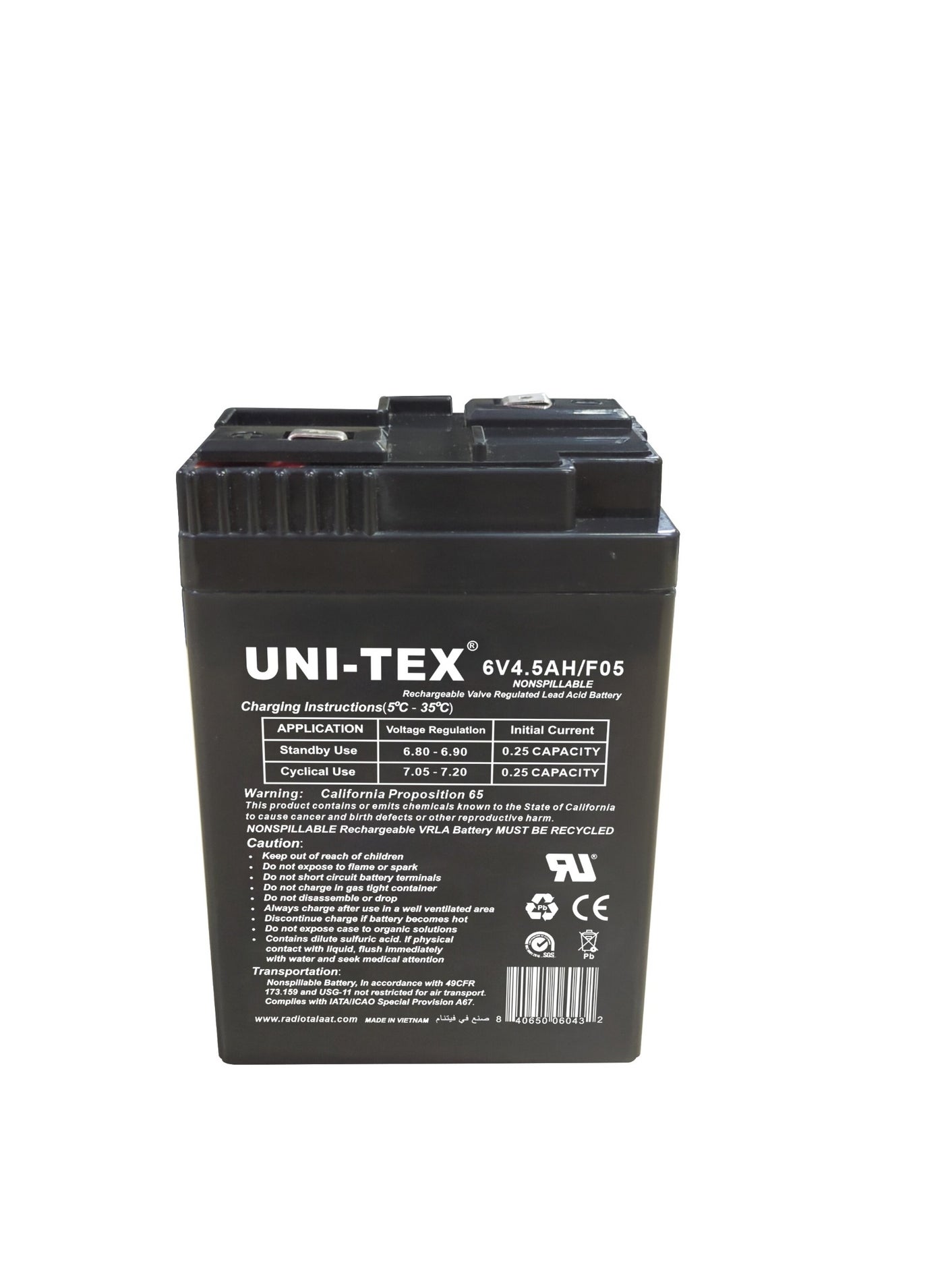 يونيتكس Unitex Battery Rechargeable 6v 4 5ah F05 4.5 AH 6 V