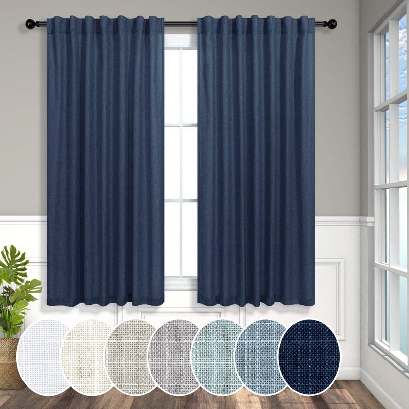 Pitalk Navy Curtains 54 Inch Length for Boys Nursery Room 2 Panels Back Tab Loop Pocket Indigo Blue Linen Farmhouse Nautical Short Light Filtering Curtains for Bedroom Bathroom Boho Decor 52x54 Long - Image 1
