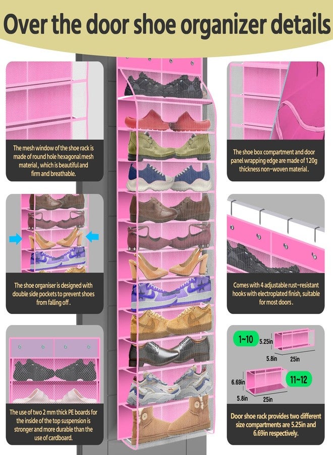PAULONE 12 Pocket Over the Door Shoe Organizer,Reusable Breathable Large Mesh Bag Men's & Women's Sneaker Organizer,Shoe Organizer for Kids,Hanging Shoe Storage Hanging Bag (Pink) - Image 2