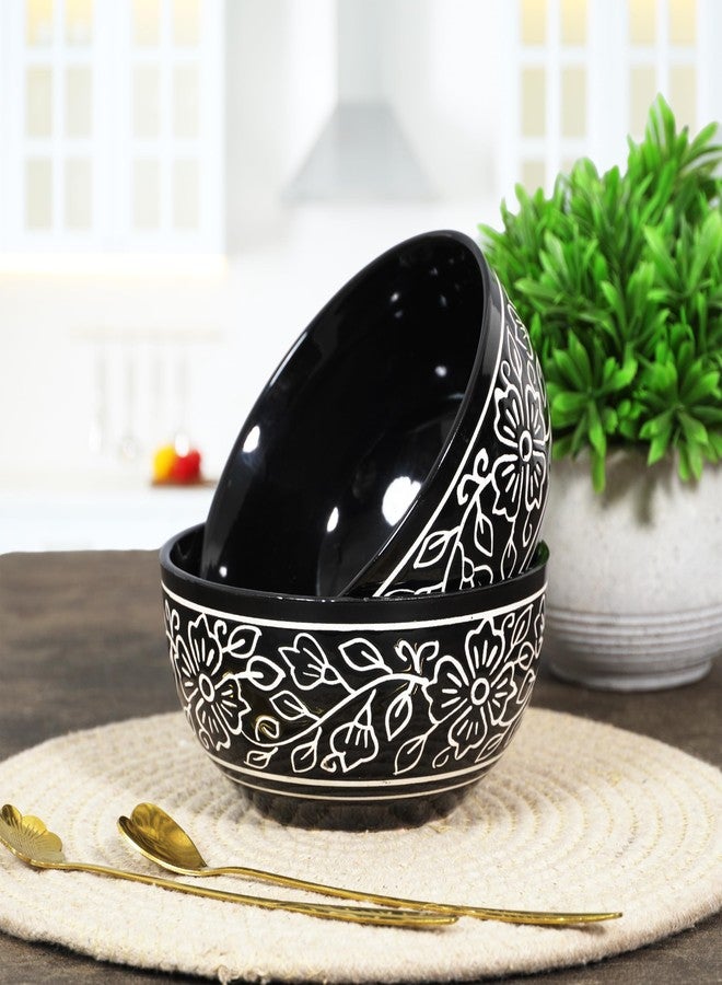 CRAF10 Black Desire Hand Painted Designer Bowl Set of 2, 400 ML, Multipurpose Ceramic Bowl, Microwave Safe - Image 1