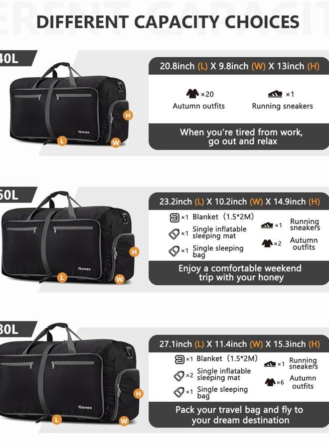Gonex 80L Packable Travel Duffle Bag Foldable Duffel Bags for Luggage Gym Sports Camping Travelling Cycling Storage Shopping Water & Tear Resistant Black - Image 3